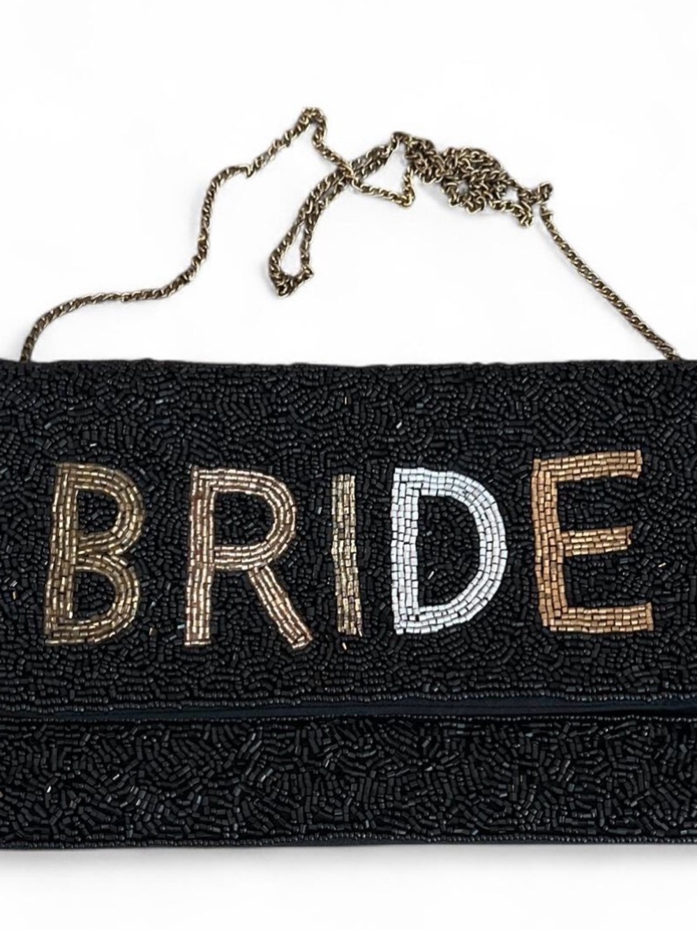 Beaded 'BRIDE' Black Clutch with Gold Chain